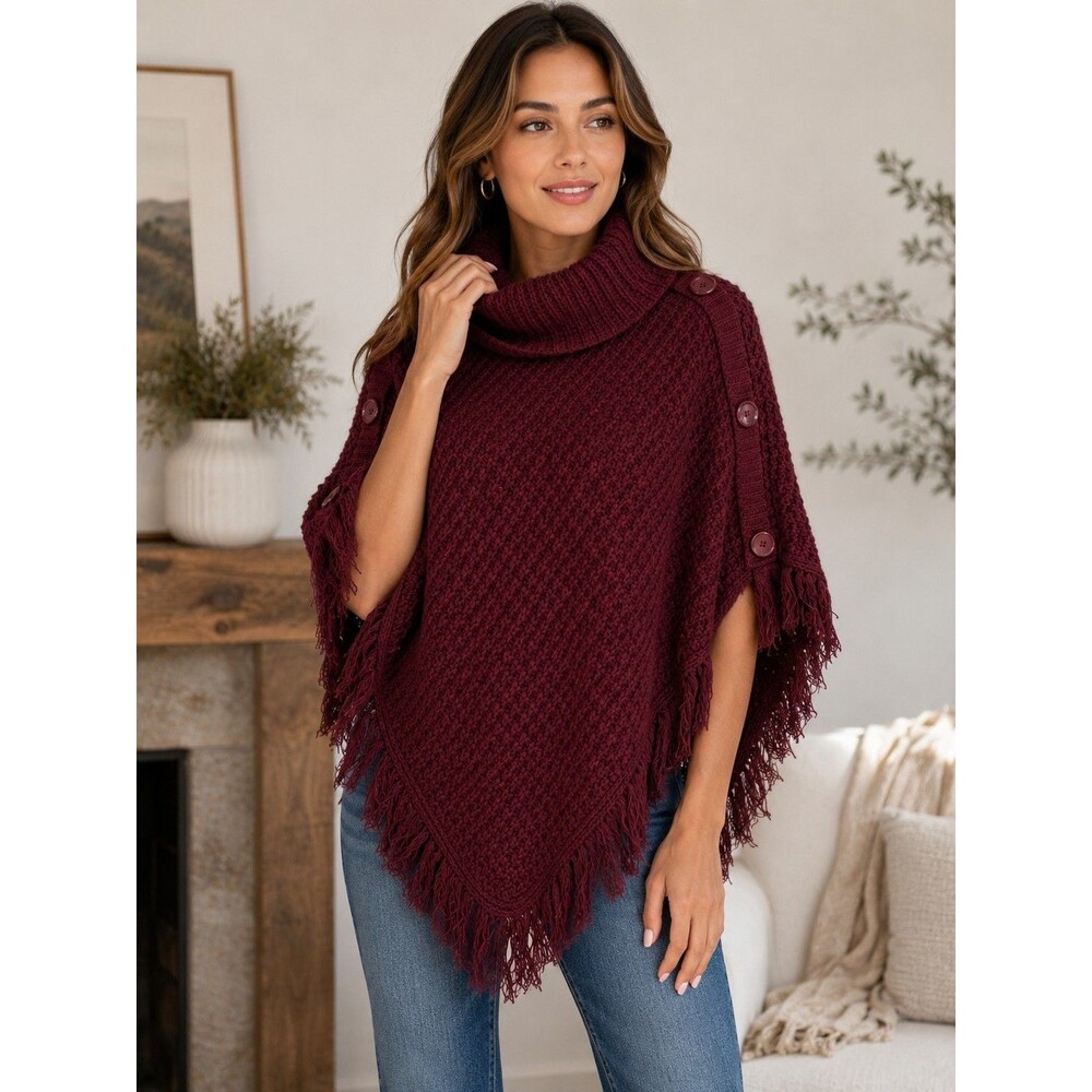 Love by Chelsea & Violet Women's Burgundy Knit Turtleneck Poncho Sweater with...